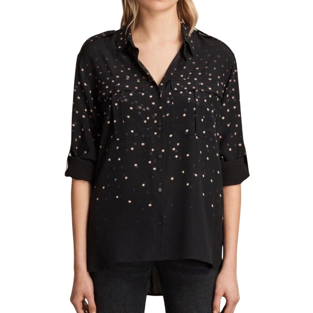 AllSaints‎ Millie Estrela 100% Silk Star Print Shirt Black Pink Button Up M EUC